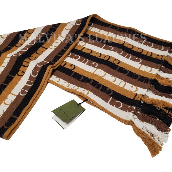 GUCCI SCARF 634166 LOGO STRIPED WOOL COTTON w FRINGE UNISEX 14.5" x 71" - Picture 9 of 16